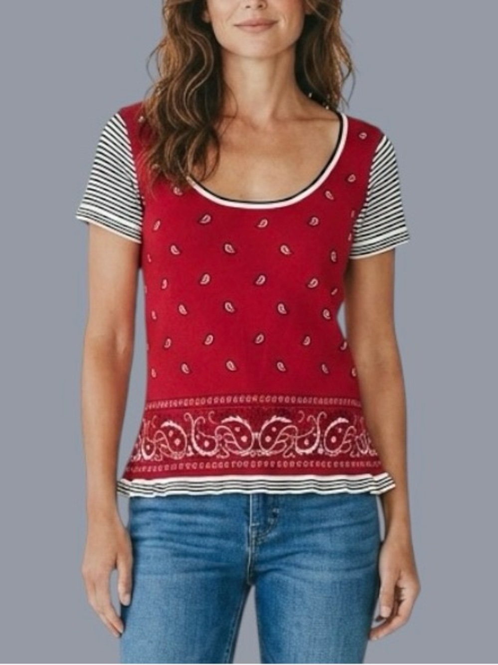 Whimsy by Sydney Easton Red Americana Bandanna print Peplum Knit Top Size M